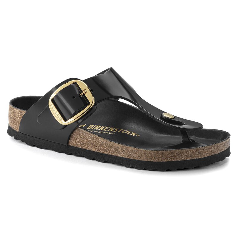 BIRKENSTOCK Gizeh Big Buckle Natural Leather Patent High Shine Black Lounge Fit detail