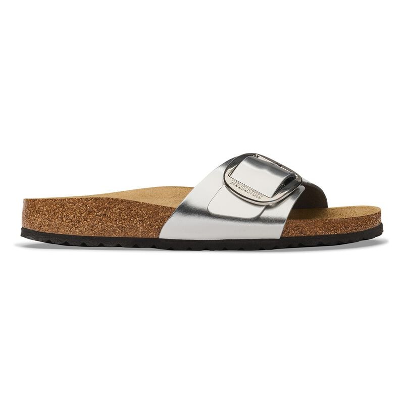 BIRKENSTOCK Madrid Big Buckle Natural Leather Metallic Silver Soft Sole detail