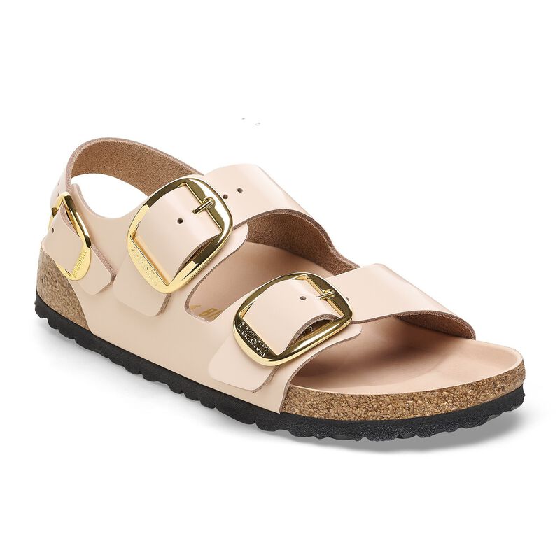 BIRKENSTOCK Milano Big Buckle Natural Leather Patent High Shine Stone Coin Soft Sole detail