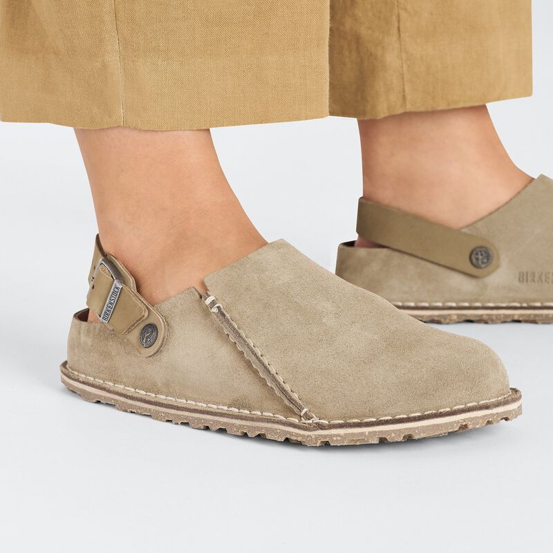 BIRKENSTOCK Lutry Premium Suede Leather Gray Taupe Contour Sole detail