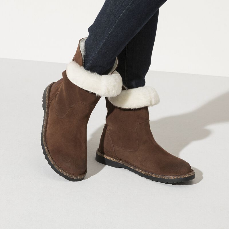 BIRKENSTOCK Uppsala Shearling Suede Leather Espresso Lounge Fit detail