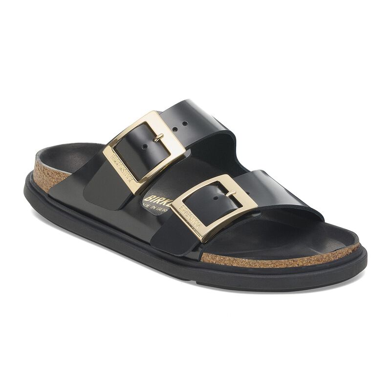 BIRKENSTOCK Arizona Droplet Buckle Natural Leather Patent High Shine Oyster Soft Footbed detail