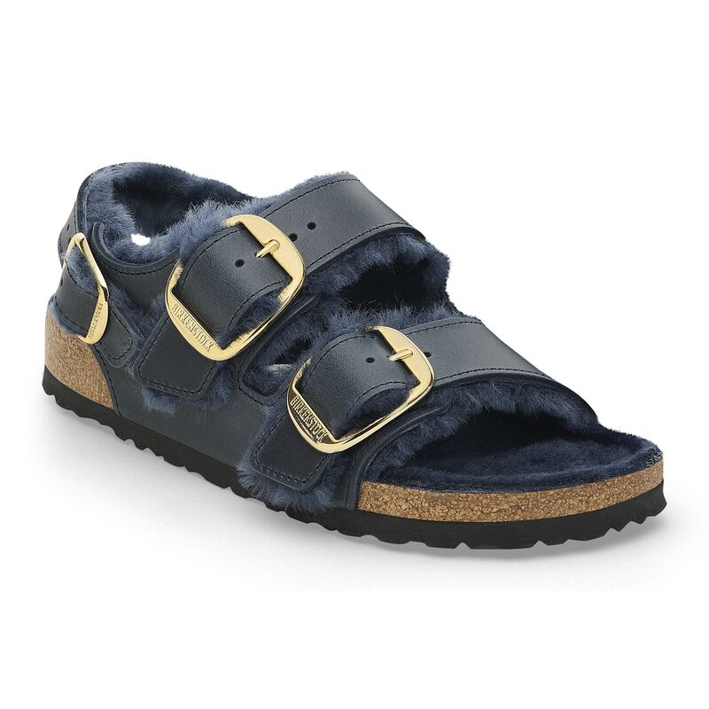 BIRKENSTOCK Milano Big Buckle Shearling Natural Leather Oiled Midnight Blue Soft Footbed detail