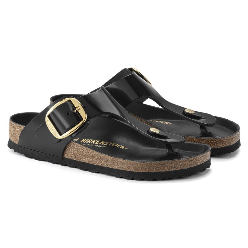 BIRKENSTOCK Gizeh Big Buckle Natural Leather Patent High Shine Black Lounge Fit detail