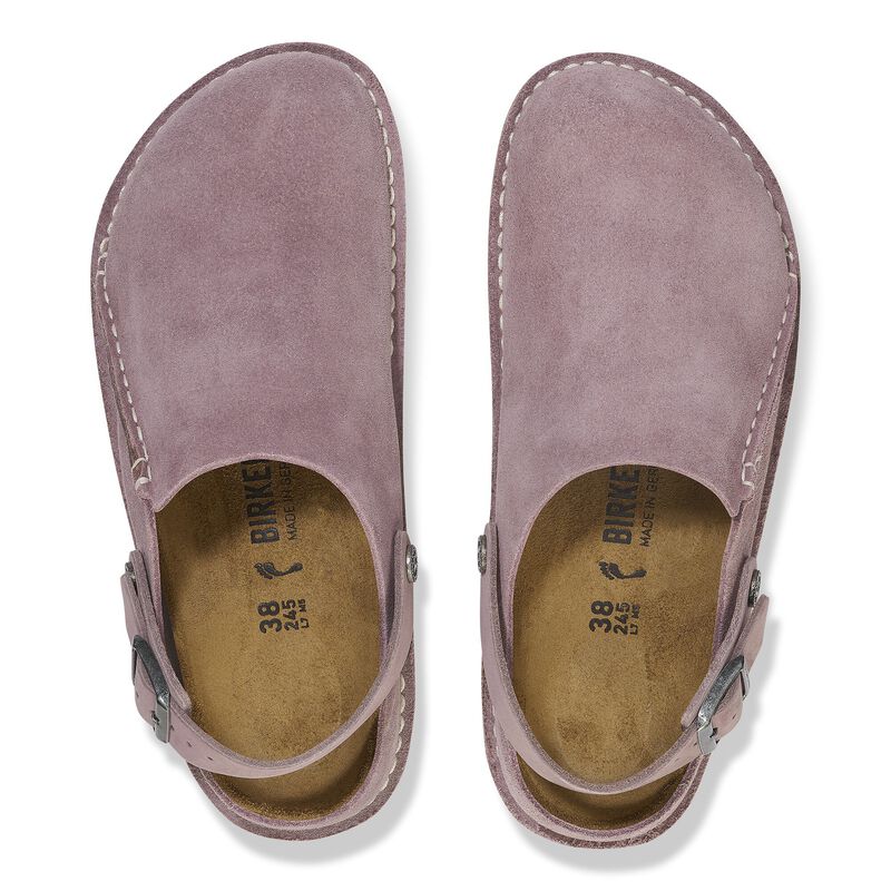 BIRKENSTOCK Lutry Premium Suede Leather Faded Purple Lounge Fit detail