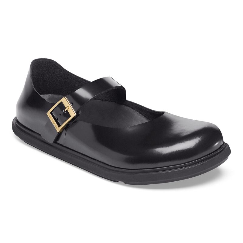 BIRKENSTOCK Mantova Cup Sole Natural Leather Patent High Shine Black Soft Footbed detail