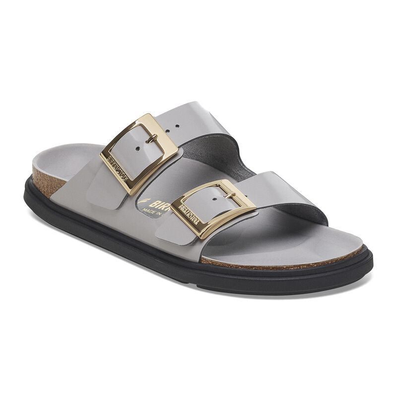BIRKENSTOCK Arizona Droplet Buckle Natural Leather Patent High Shine Oyster Soft Footbed detail