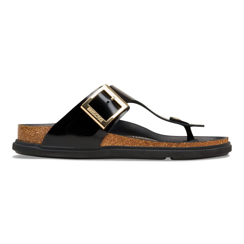 BIRKENSTOCK Gizeh Droplet Buckle Natural Leather Patent High Shine Black Soft Sole detail
