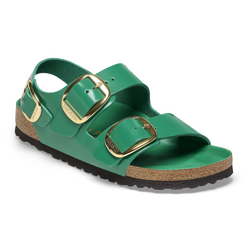 BIRKENSTOCK Milano Big Buckle Natural Leather Patent High Shine Stone Coin Soft Sole detail