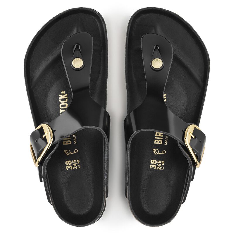 BIRKENSTOCK Gizeh Big Buckle Natural Leather Patent High Shine Black Lounge Fit detail