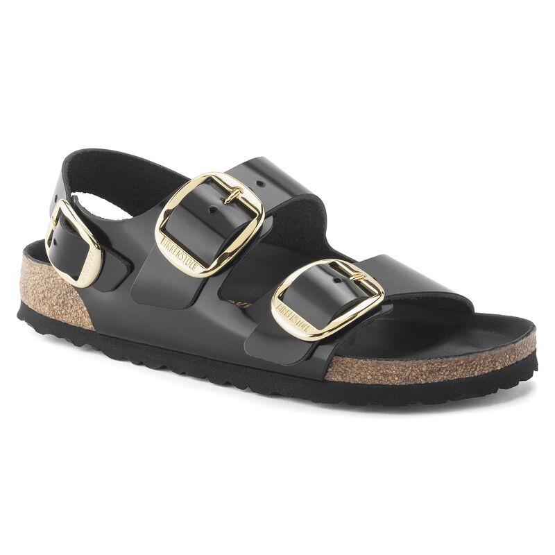 BIRKENSTOCK Milano Big Buckle Natural Leather Patent High Shine Stone Coin Soft Sole detail