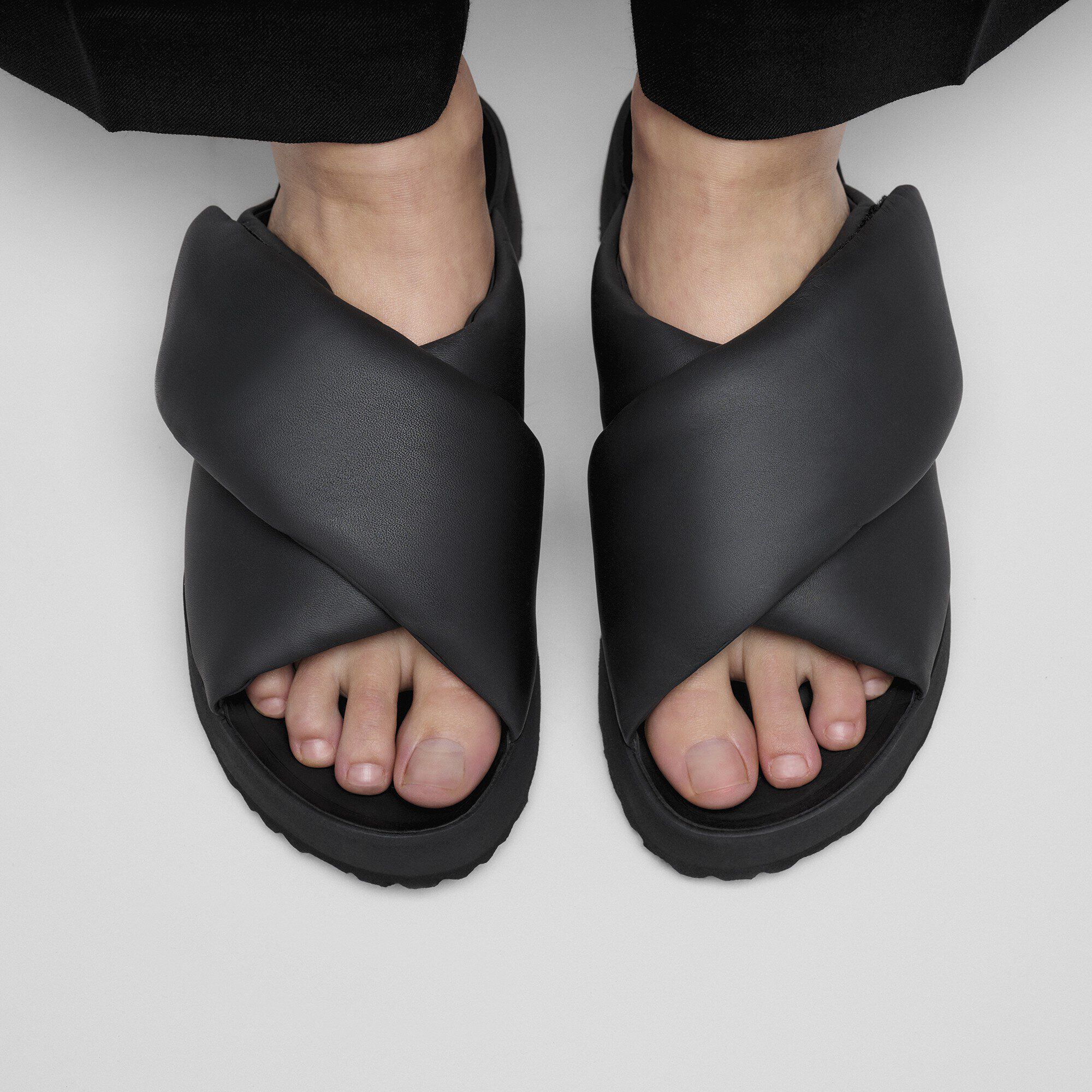 Theda Cross Strap Leather Close-up with a female model