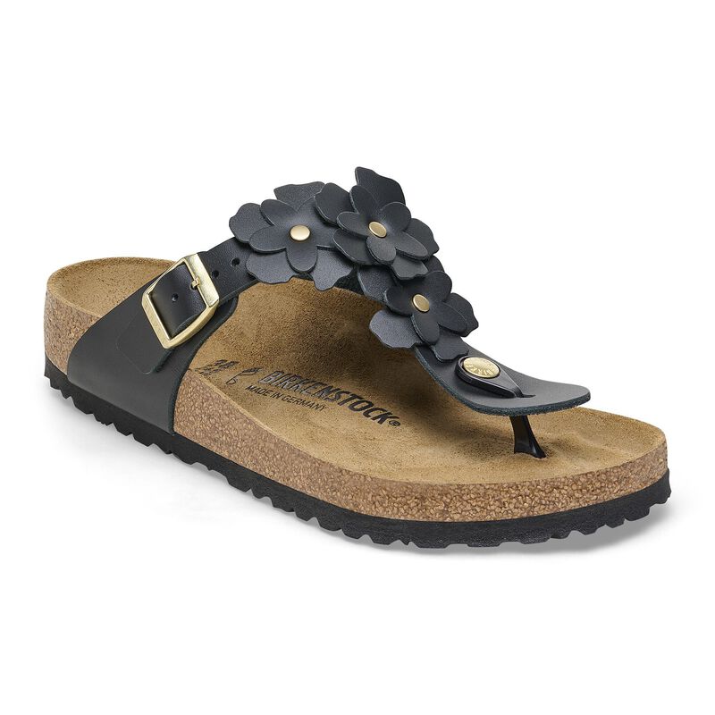 BIRKENSTOCK Gizeh Flower Embellishment Natural Leather Black Lounge Fit detail