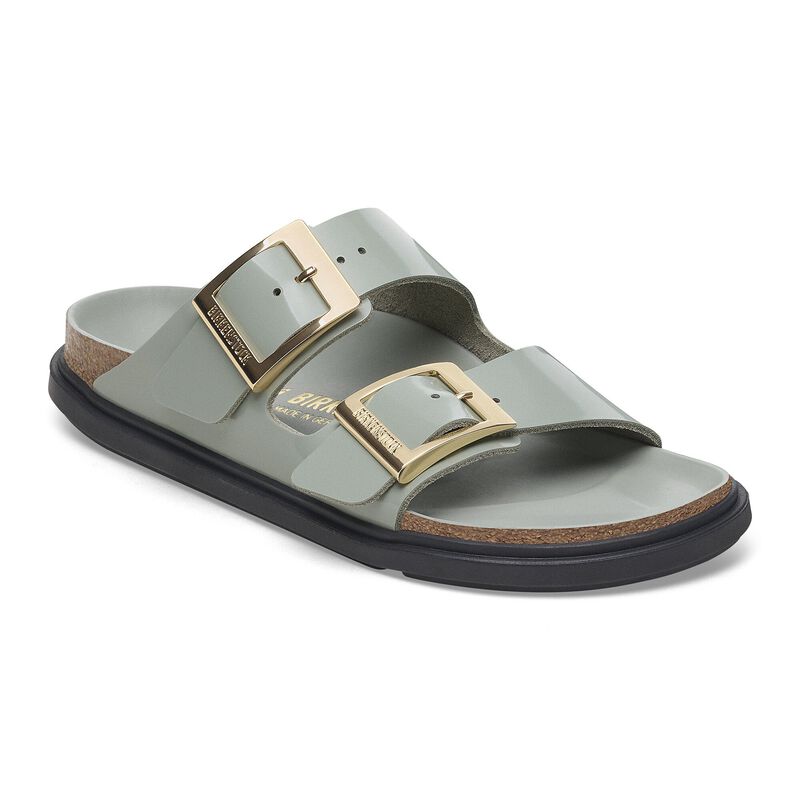 BIRKENSTOCK Arizona Droplet Buckle Natural Leather Patent High Shine Oyster Soft Footbed detail