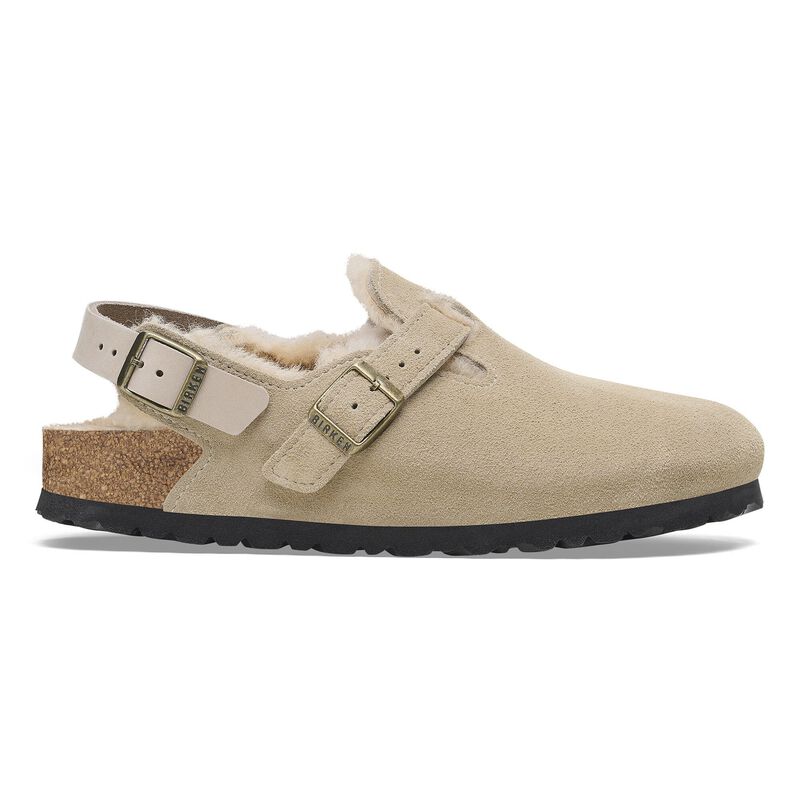 BIRKENSTOCK Tokio Shearling Suede Leather Taupe Lounge Fit detail