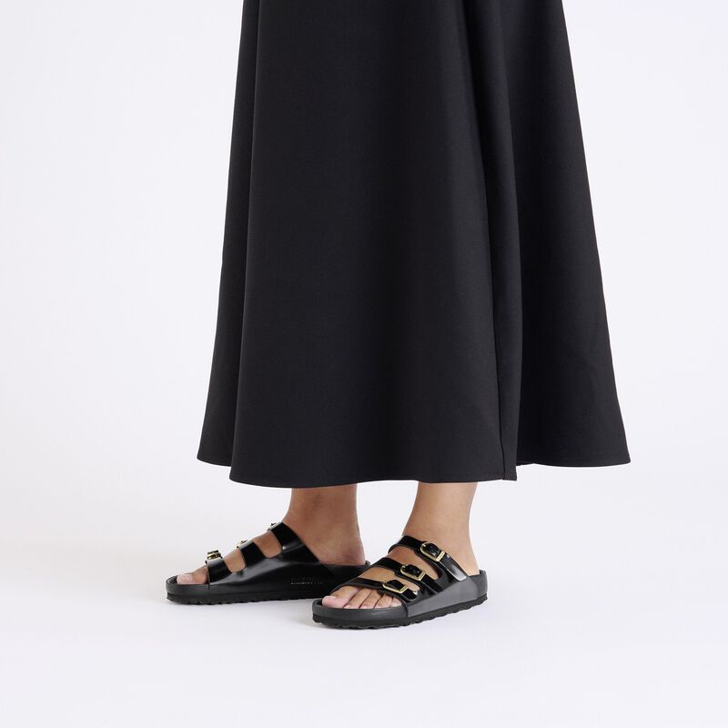 BIRKENSTOCK Florida Fresh Natural Leather Patent High Shine Black Lounge Fit detail