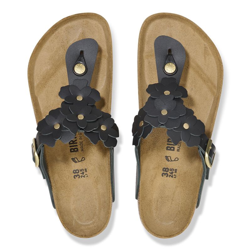 BIRKENSTOCK Gizeh Flower Embellishment Natural Leather Black Lounge Fit detail