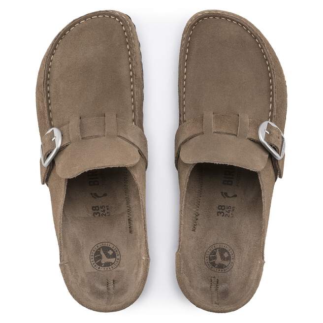 buckley tobacco brown Birkenstock Suede Leather Clog on experience with its moccasin stitching and signature buckle Birkenstock Tobacco Brown On Feet