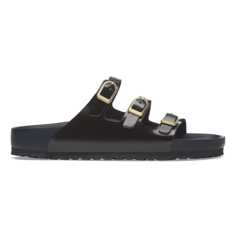 BIRKENSTOCK Florida Fresh Natural Leather Patent High Shine Black Lounge Fit detail
