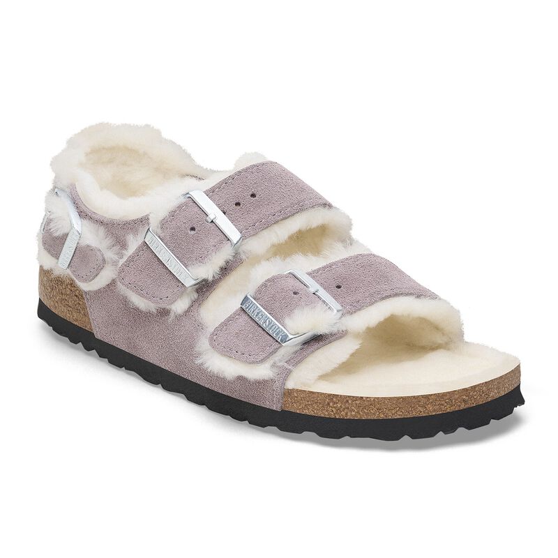 BIRKENSTOCK Milano Shearling Suede Leather/Fur Faded Purple Lounge Fit detail