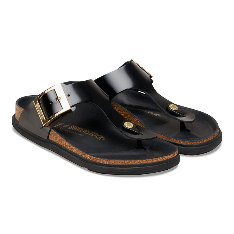 BIRKENSTOCK Gizeh Droplet Buckle Natural Leather Patent High Shine Black Soft Sole detail