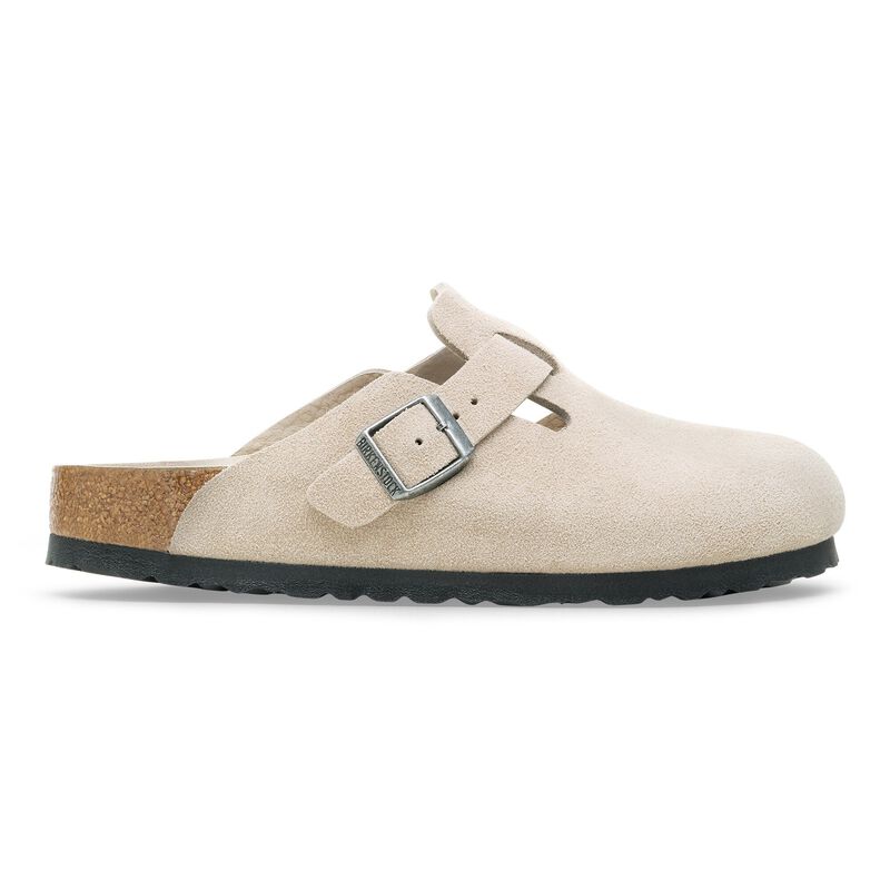 BIRKENSTOCK Boston Soft Footbed Suede Leather Oyster Tonal Lounge Fit detail