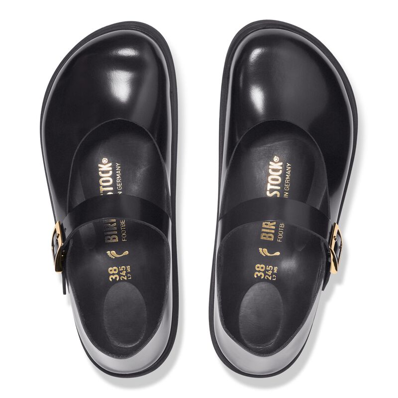 BIRKENSTOCK Mantova Cup Sole Natural Leather Patent High Shine Black Soft Footbed detail