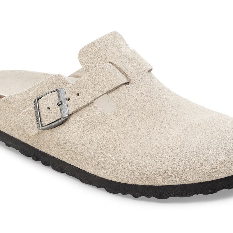 BIRKENSTOCK Boston Soft Footbed Suede Leather Oyster Tonal Lounge Fit detail