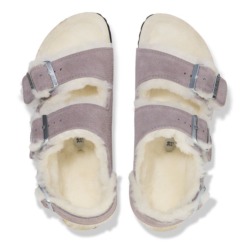 BIRKENSTOCK Milano Shearling Suede Leather/Fur Faded Purple Lounge Fit detail
