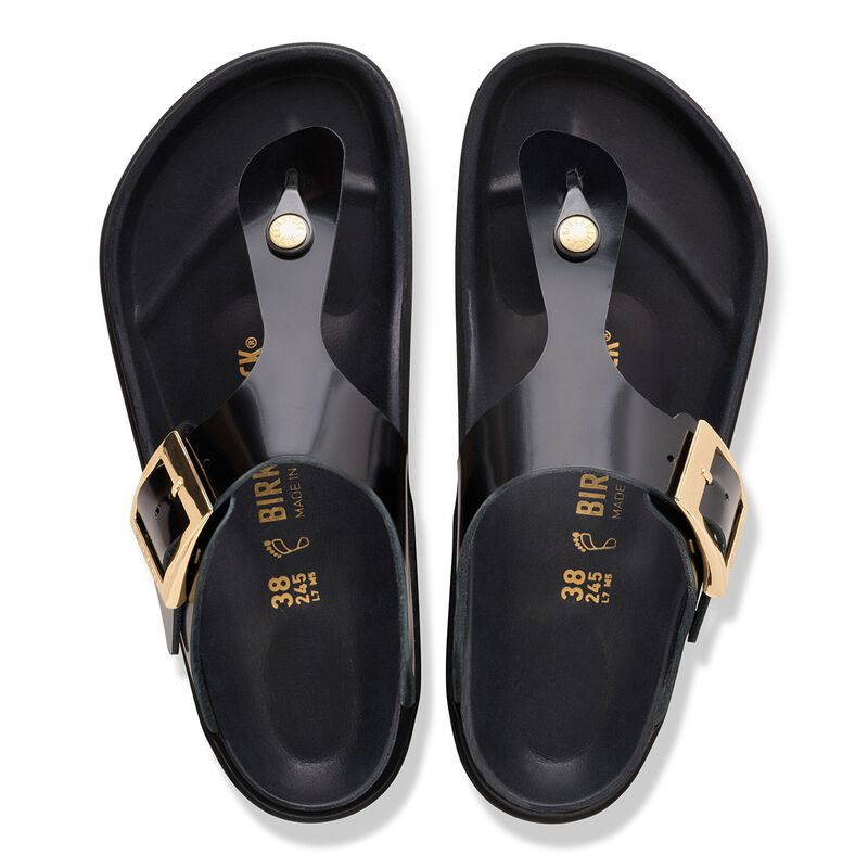 BIRKENSTOCK Gizeh Droplet Buckle Natural Leather Patent High Shine Black Classic Fit detail