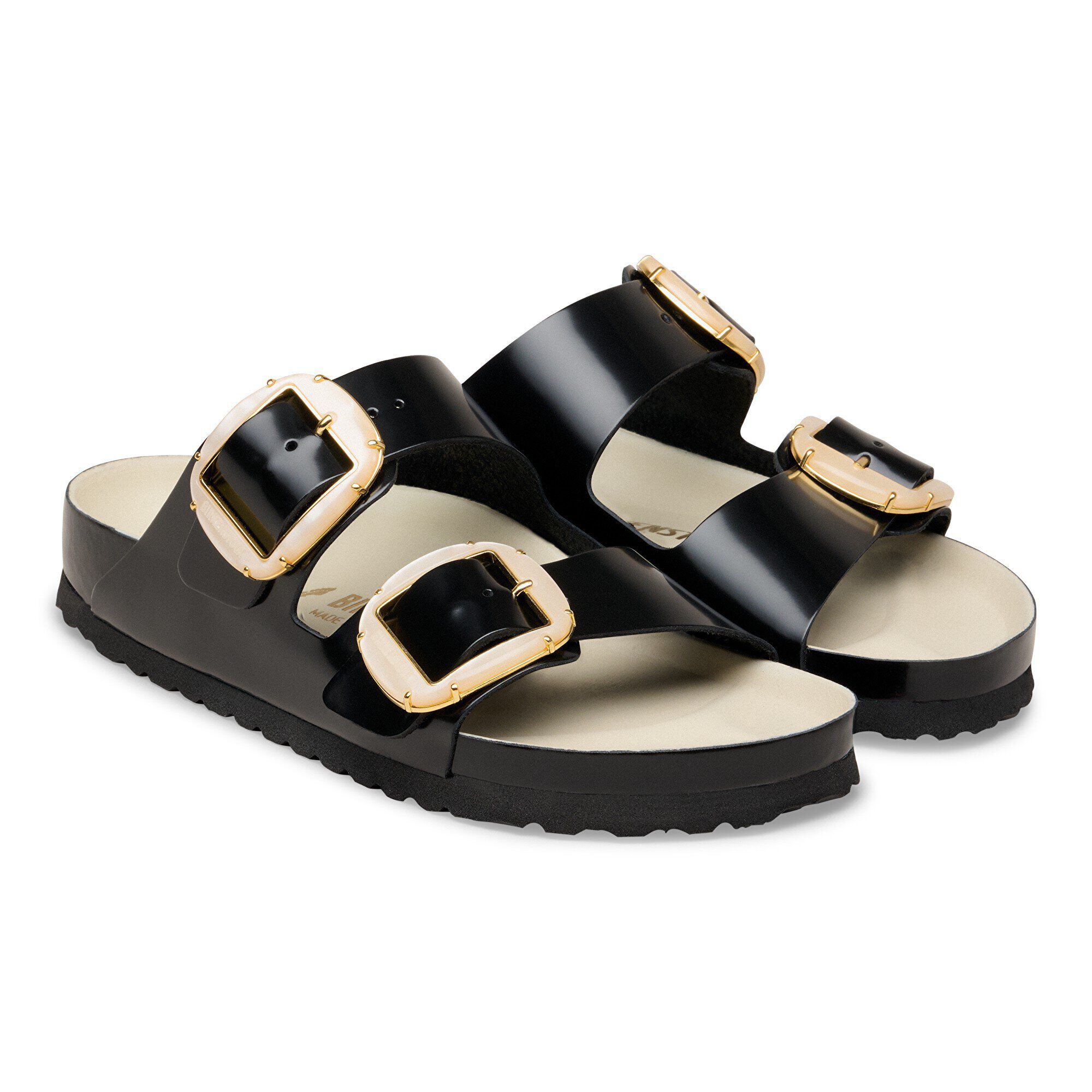 Arizona Big Buckle Pearl Natural Leather Patent - shown as a pair