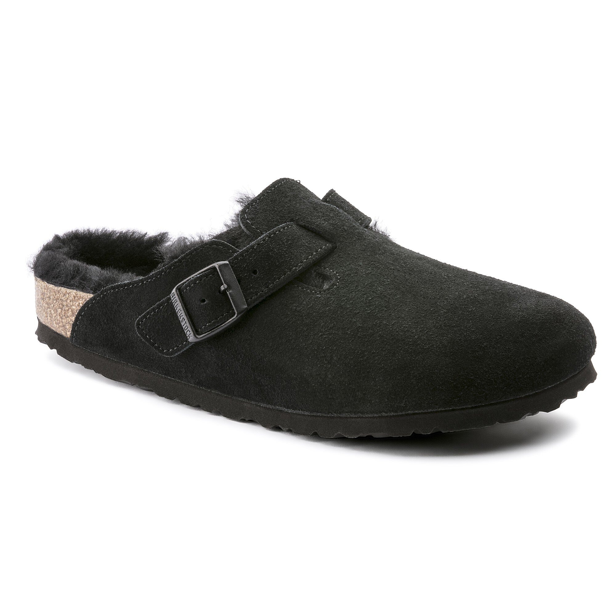 BIRKENSTOCK Boston Shearling Black Suede Leather Clogs