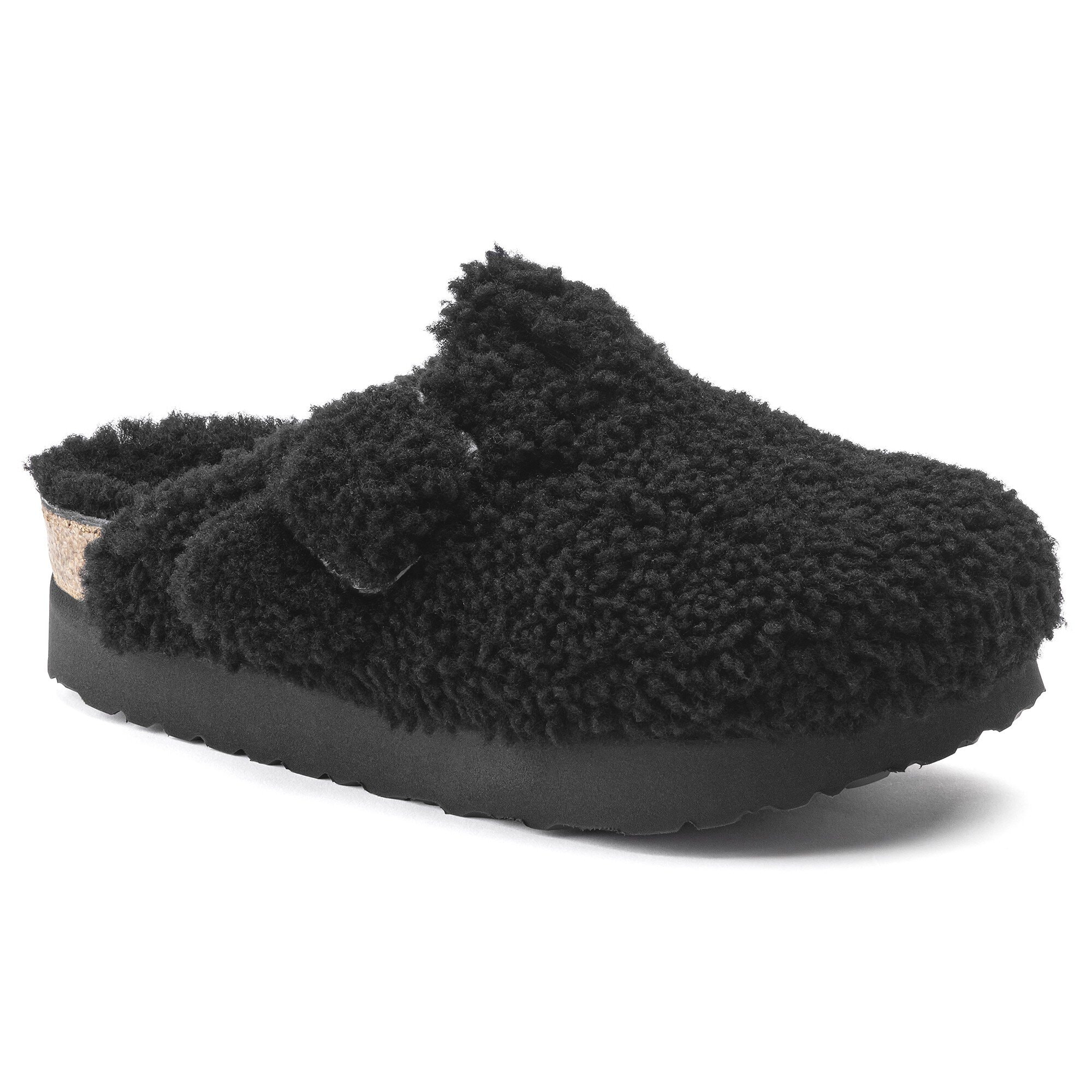 Boston Big Buckle Flex Platform Shearling in Color Teddy Black
