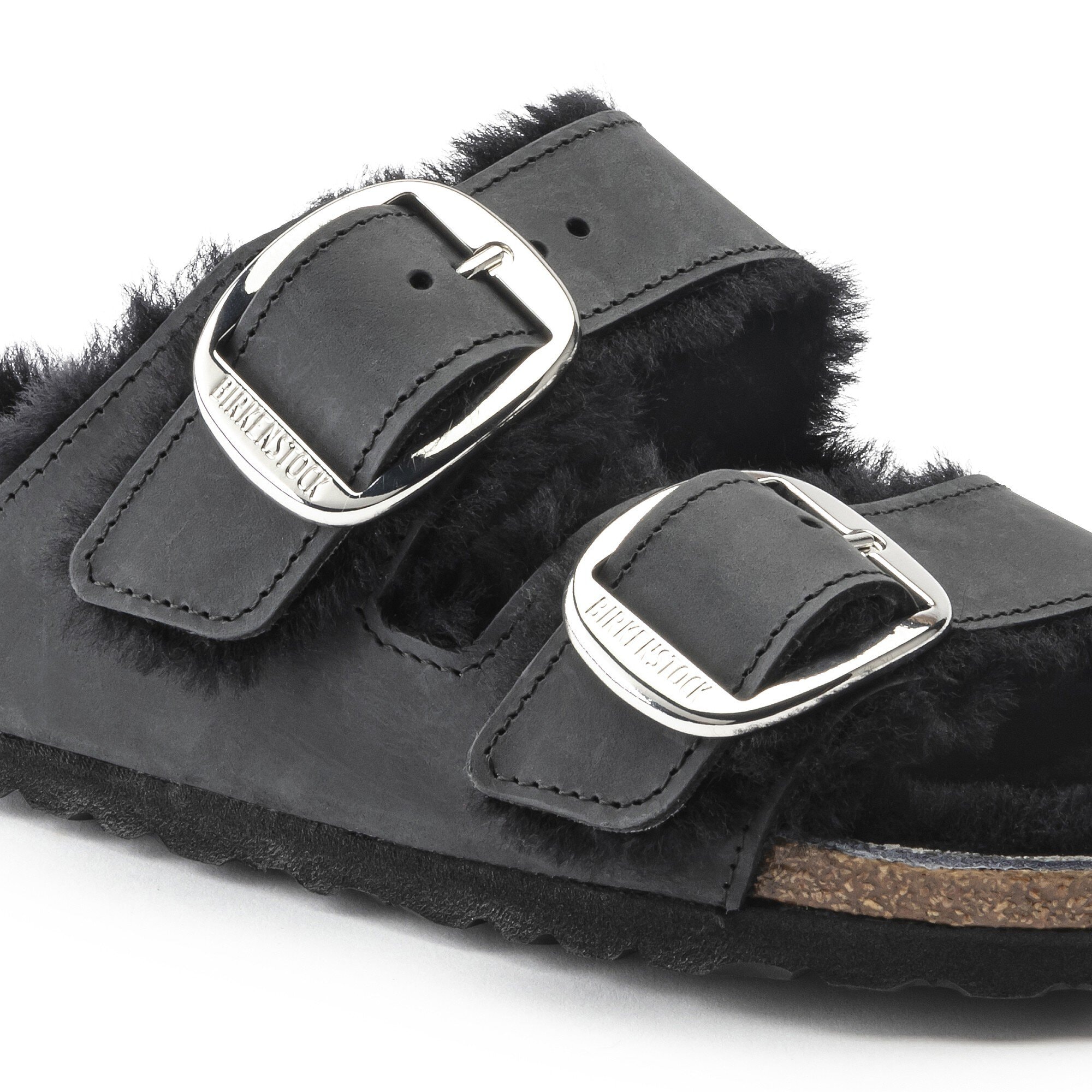 Женские сандалии Birkenstock Arizona Big Buckle Shearling Natural Leather Oiled, цвет: Чёрный — фото 5