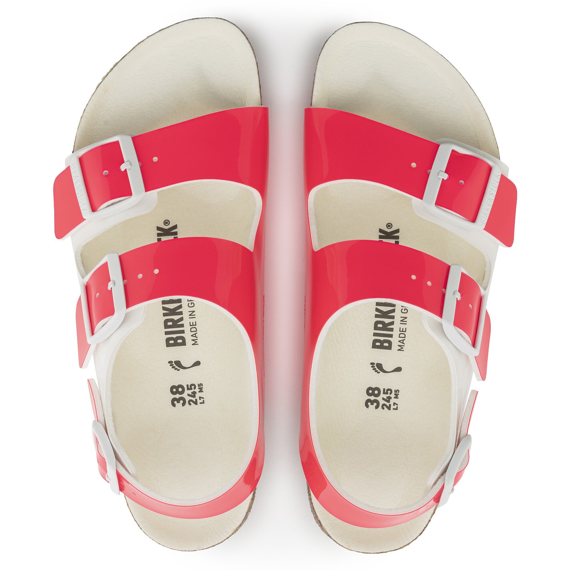 Женские сандалии Birkenstock Milano BS Birko-Flor Patent, цвет: Неоновый розовый / Белый лаковый — фото 2