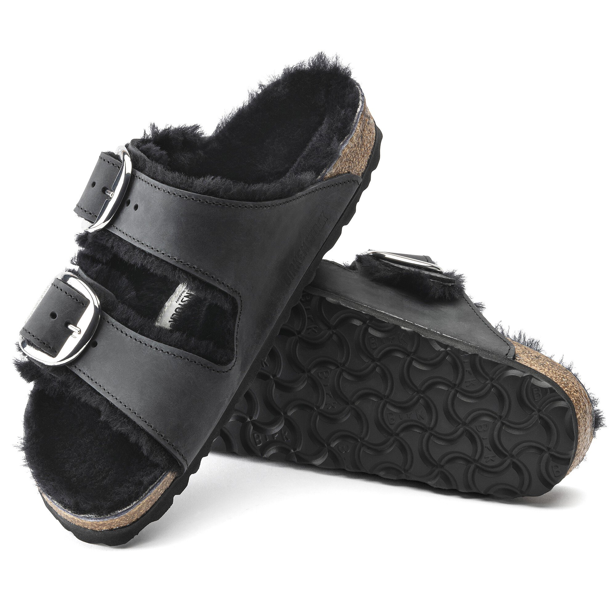 Женские сандалии Birkenstock Arizona Big Buckle Shearling Natural Leather Oiled, цвет: Чёрный — фото 4