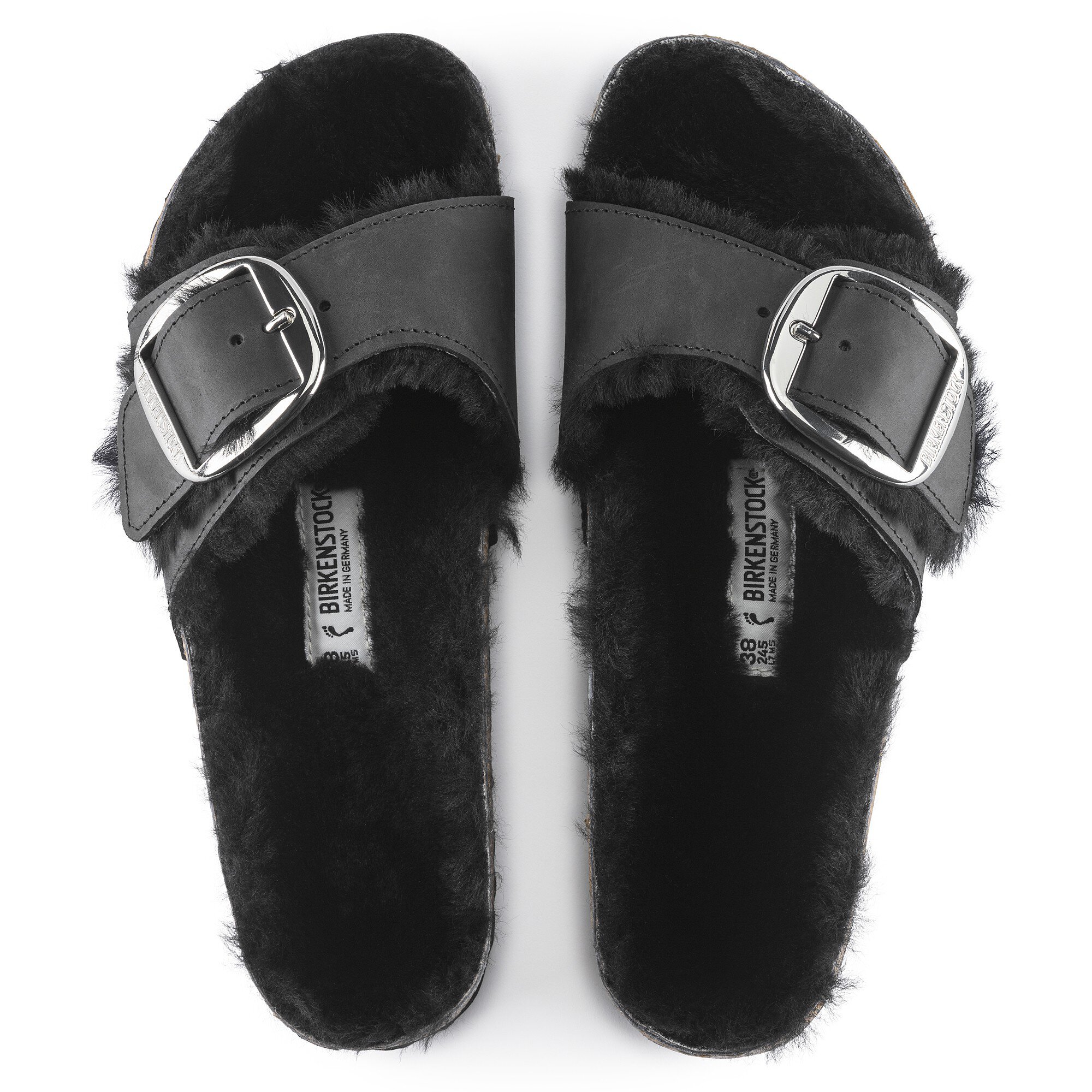 Женские сандалии Birkenstock Madrid Big Buckle Shearling Natural Leather Oiled, цвет: Чёрный — фото 2