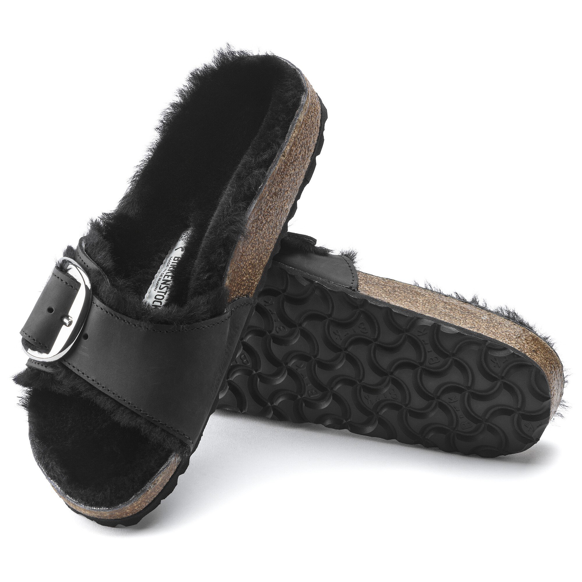 Женские сандалии Birkenstock Madrid Big Buckle Shearling Natural Leather Oiled, цвет: Чёрный — фото 4