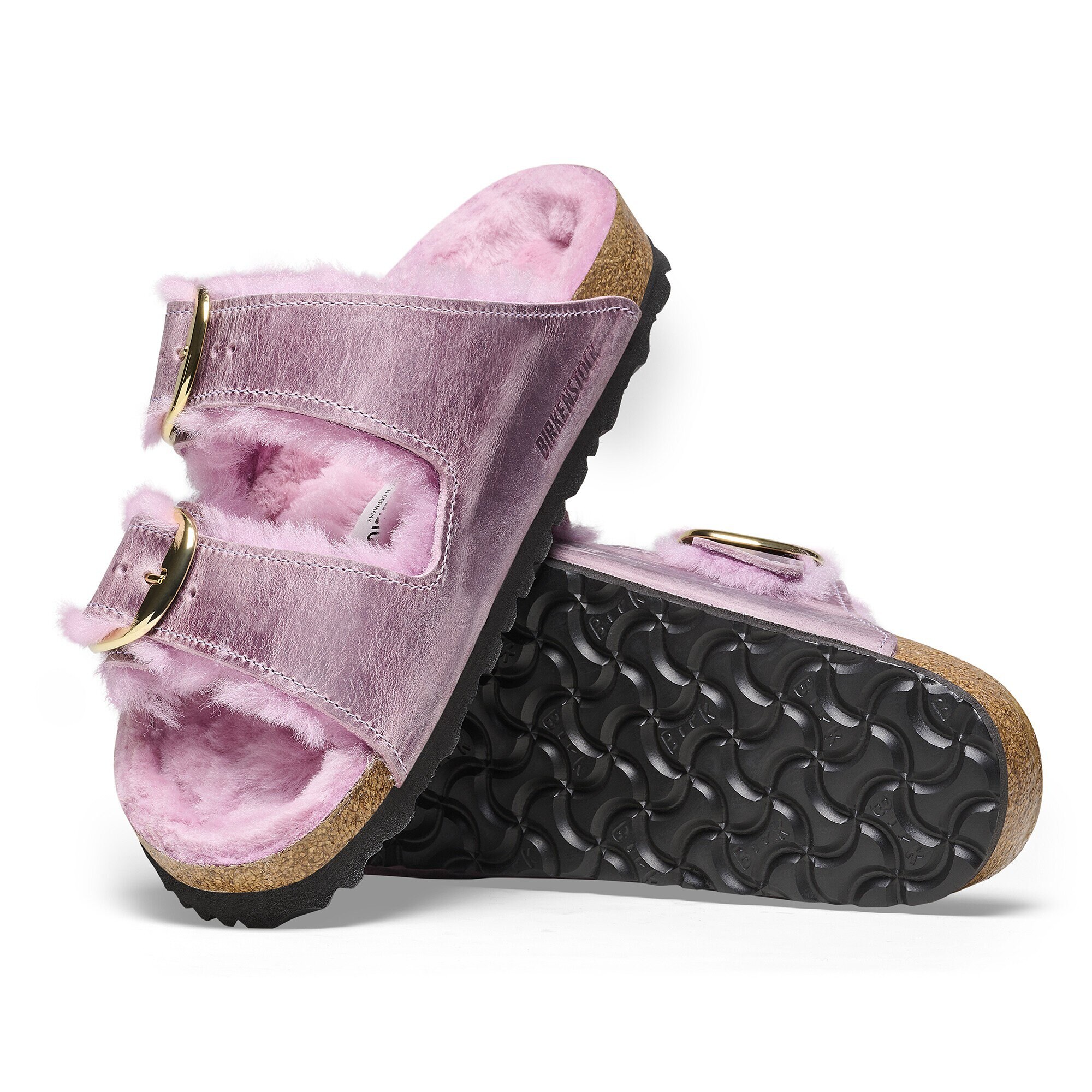 Birkenstock Shearling Arizona Big Buckle Oiled Leather Lavender Two Strap Sandals