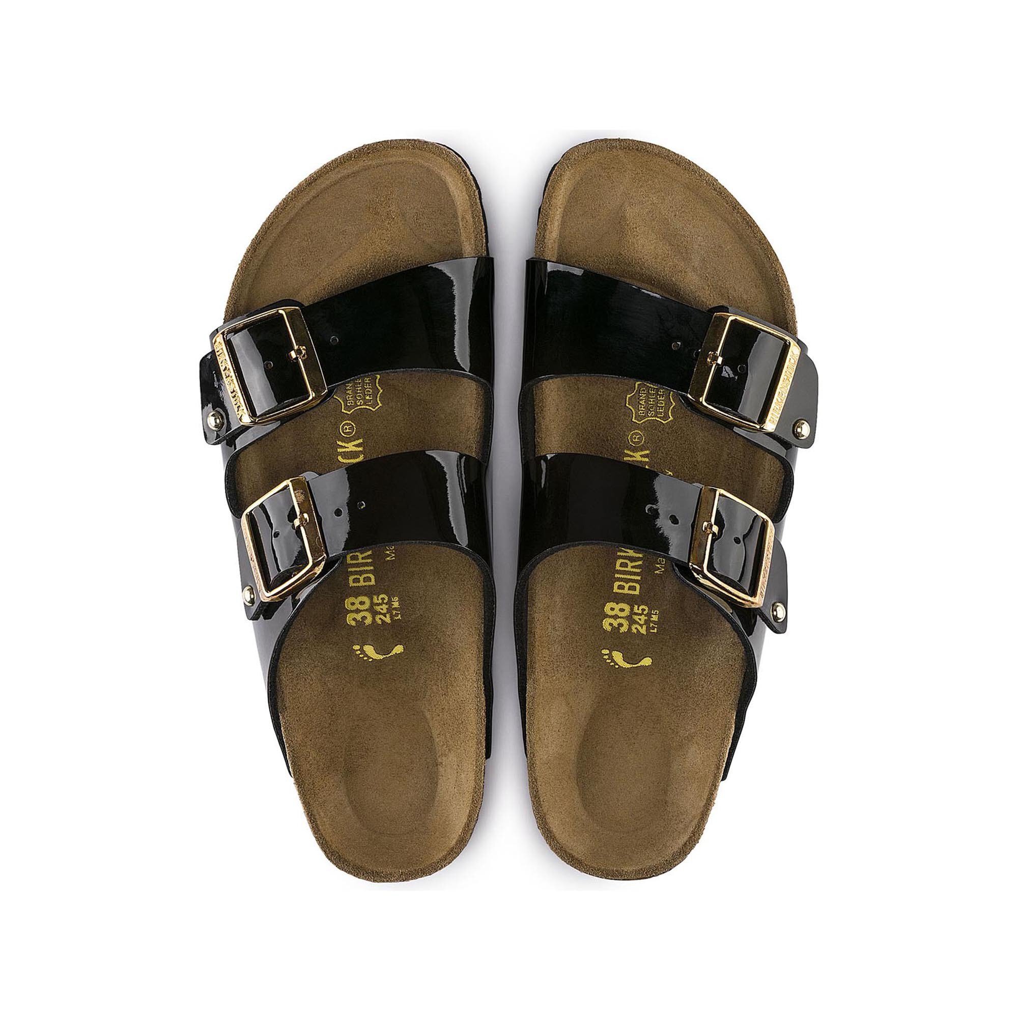 black patent birkenstocks with gold buckle