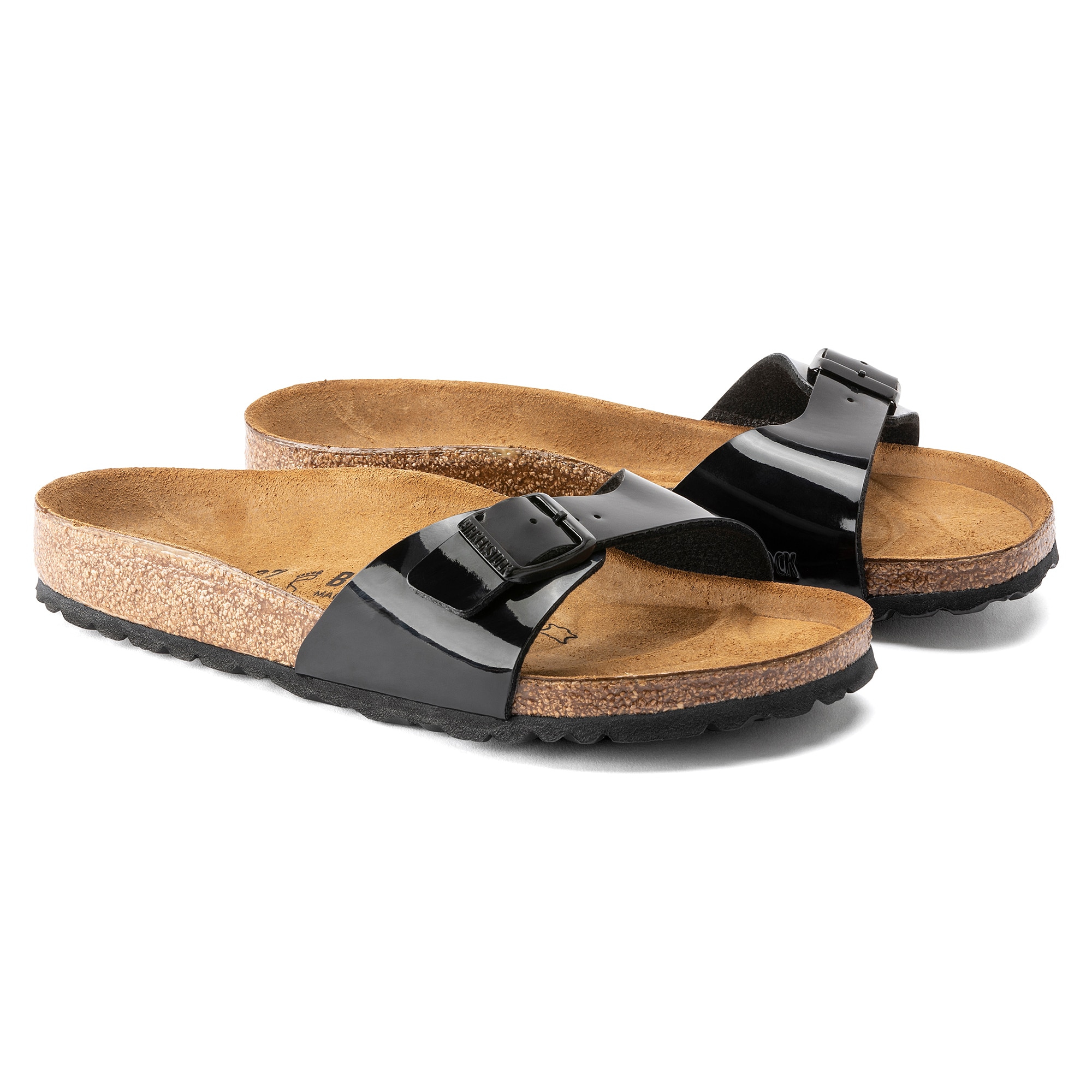 black patent birkenstocks with gold buckle