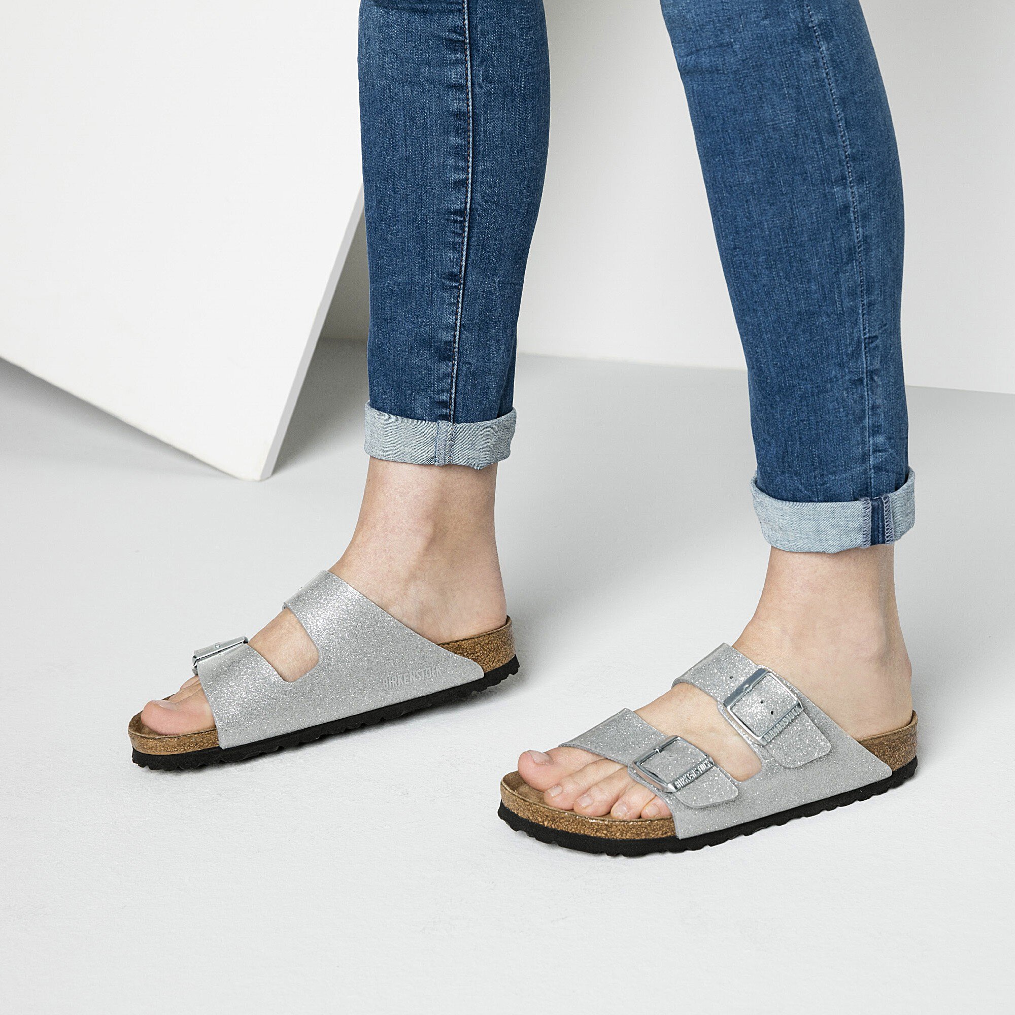 silver arizona birkenstocks white sole