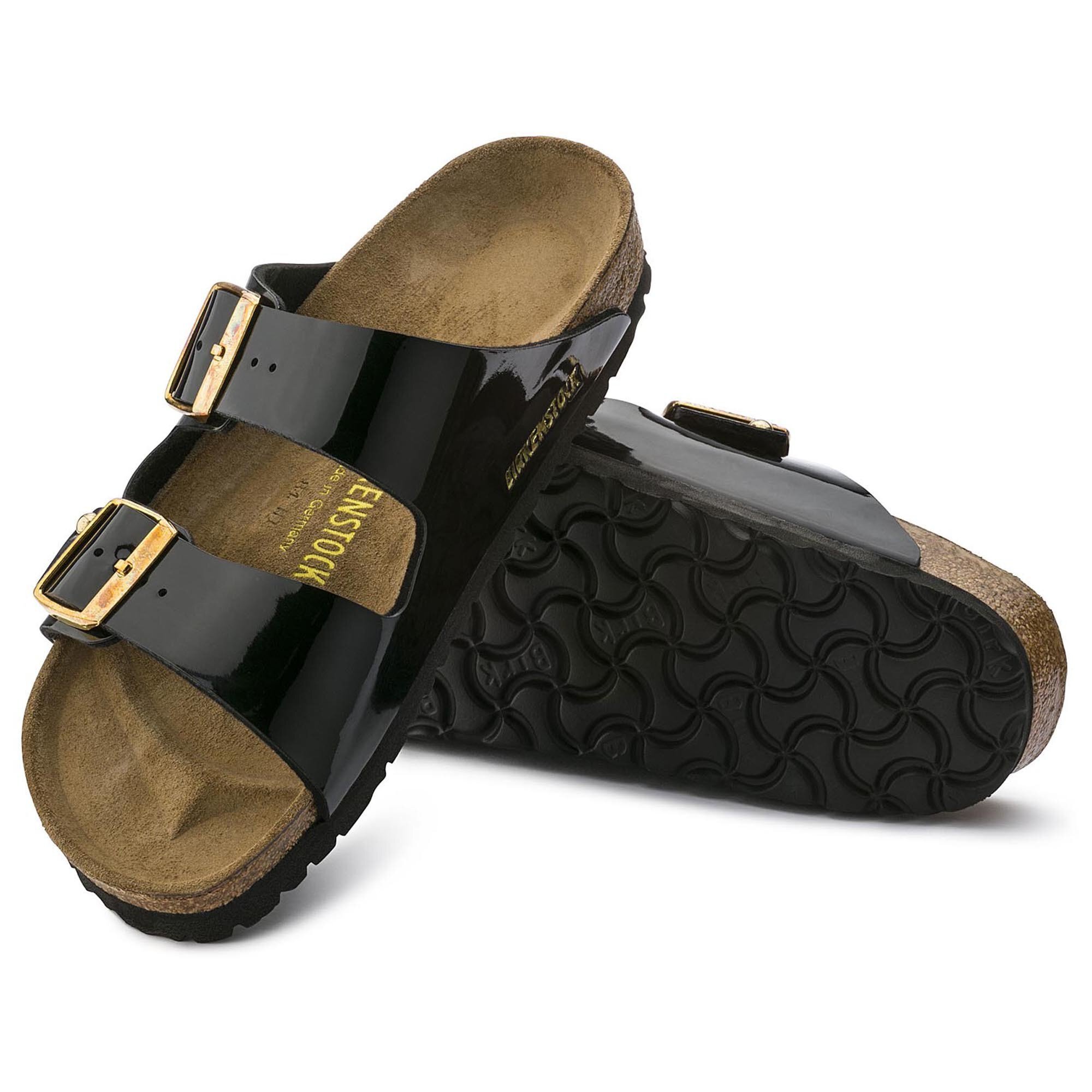 black patent birkenstocks with gold buckle