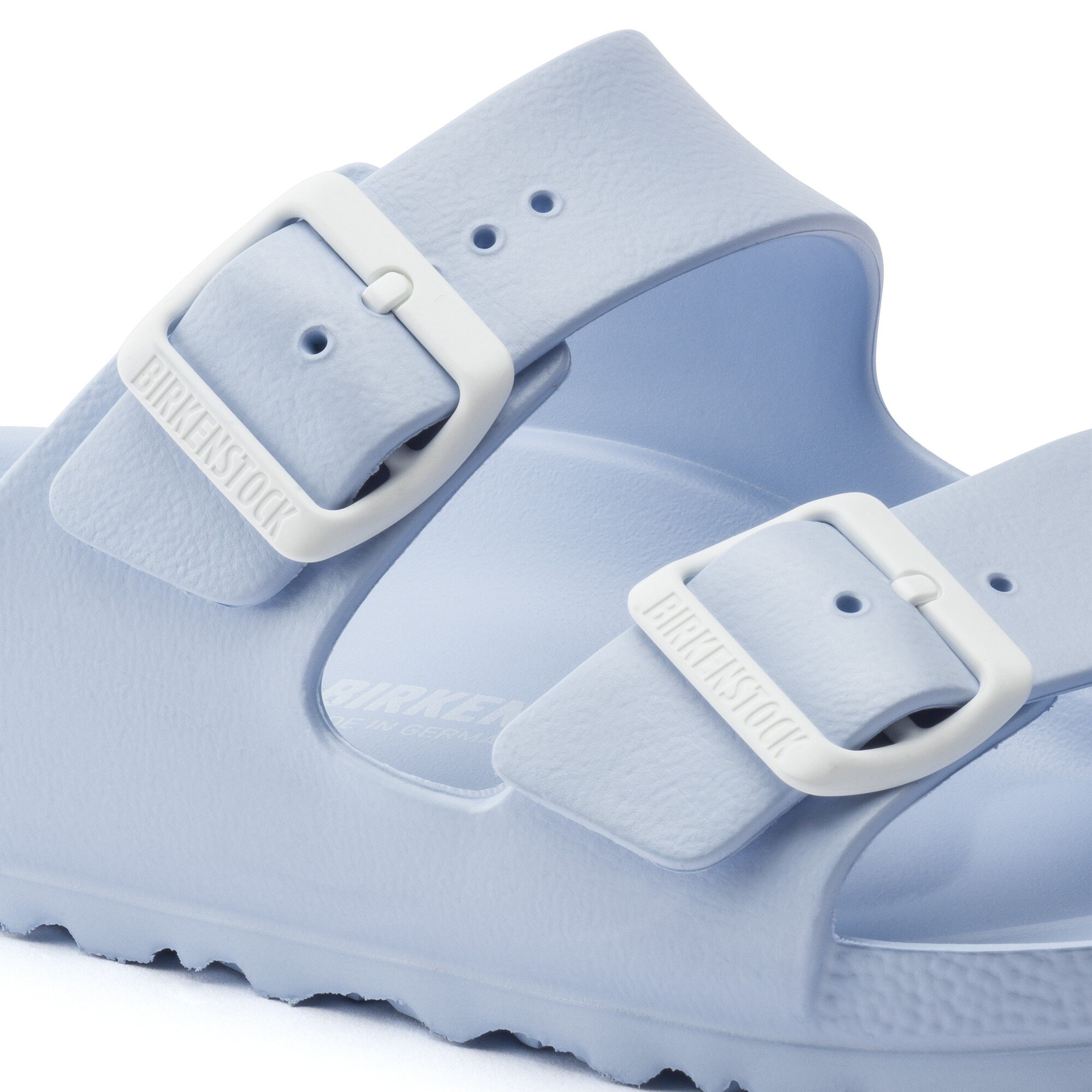 blue and white birkenstocks