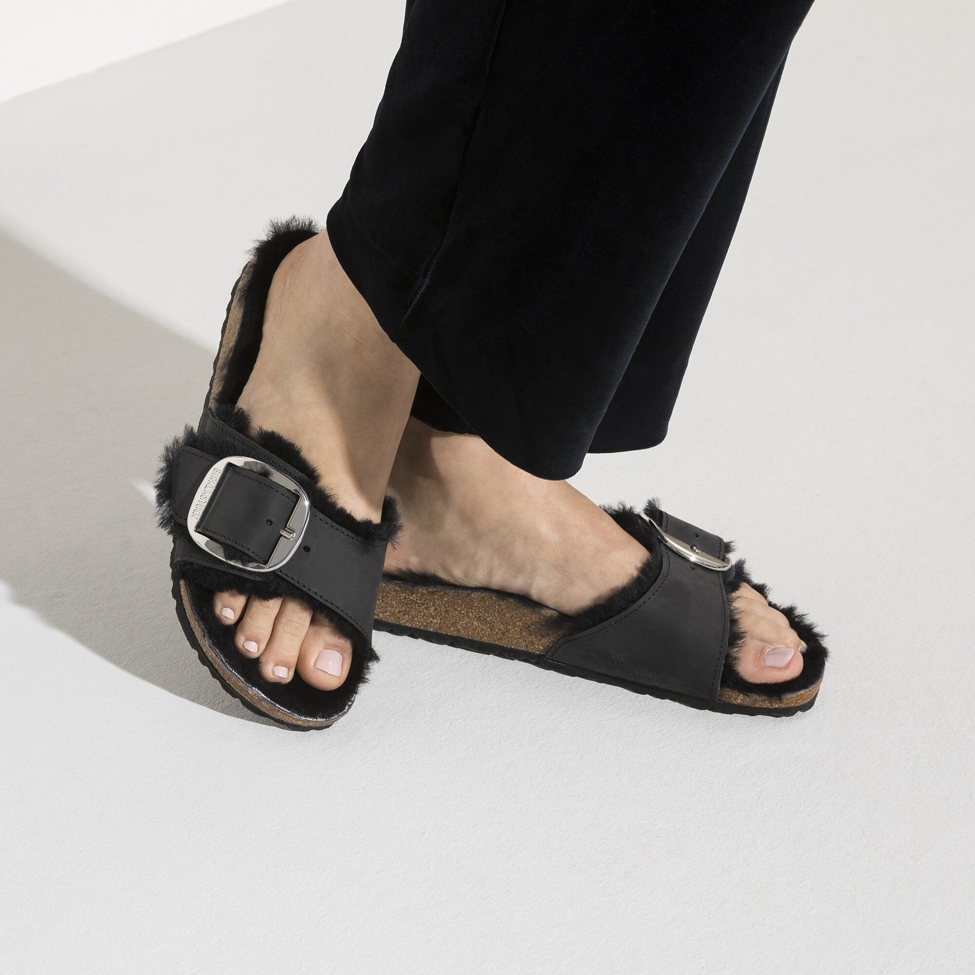 Madrid Big Buckle Shearling Oiled Leather Black Birkenstock 