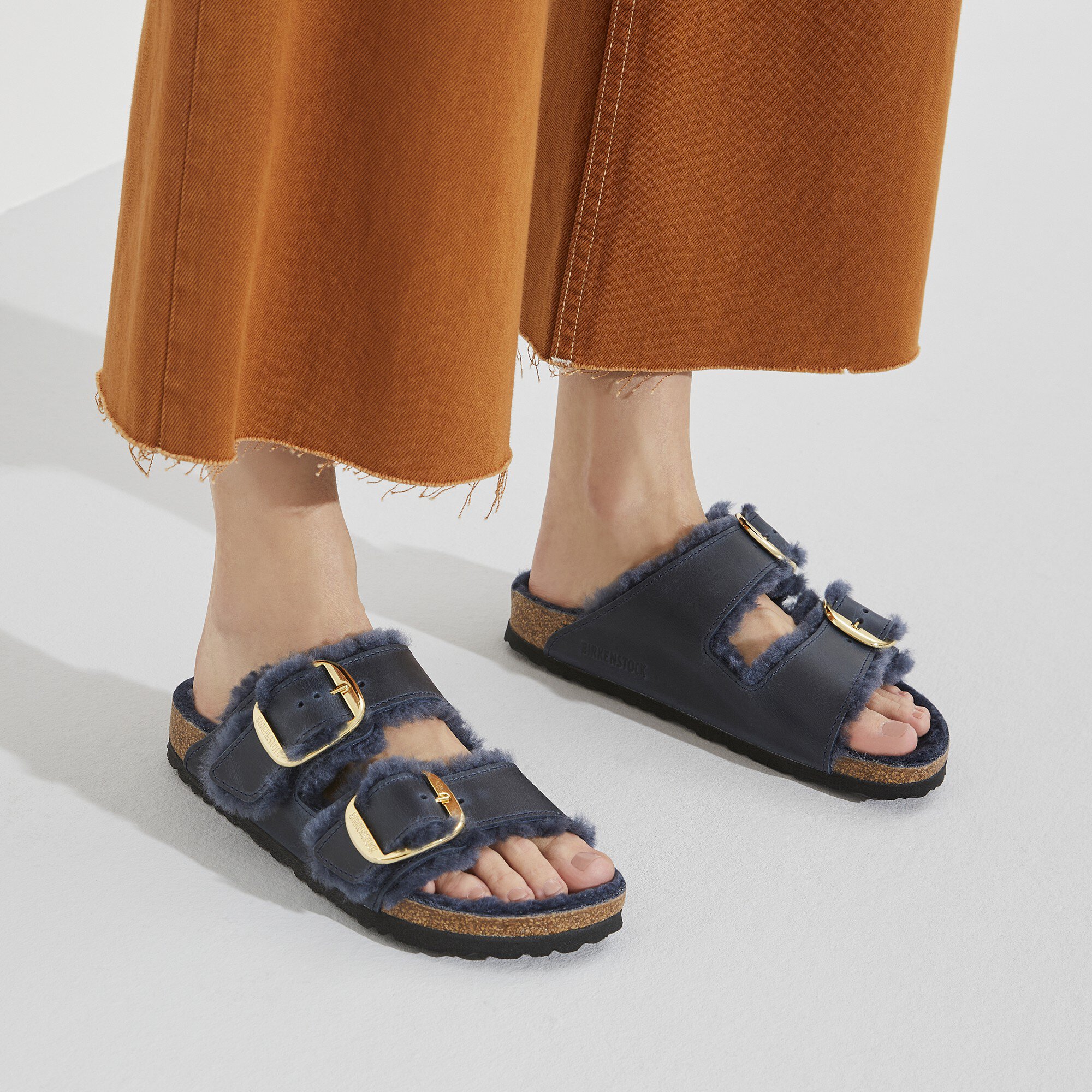 Birkenstock Shearling Arizona Big Buckle Oiled Leather Midnight Two-Strap Sandals