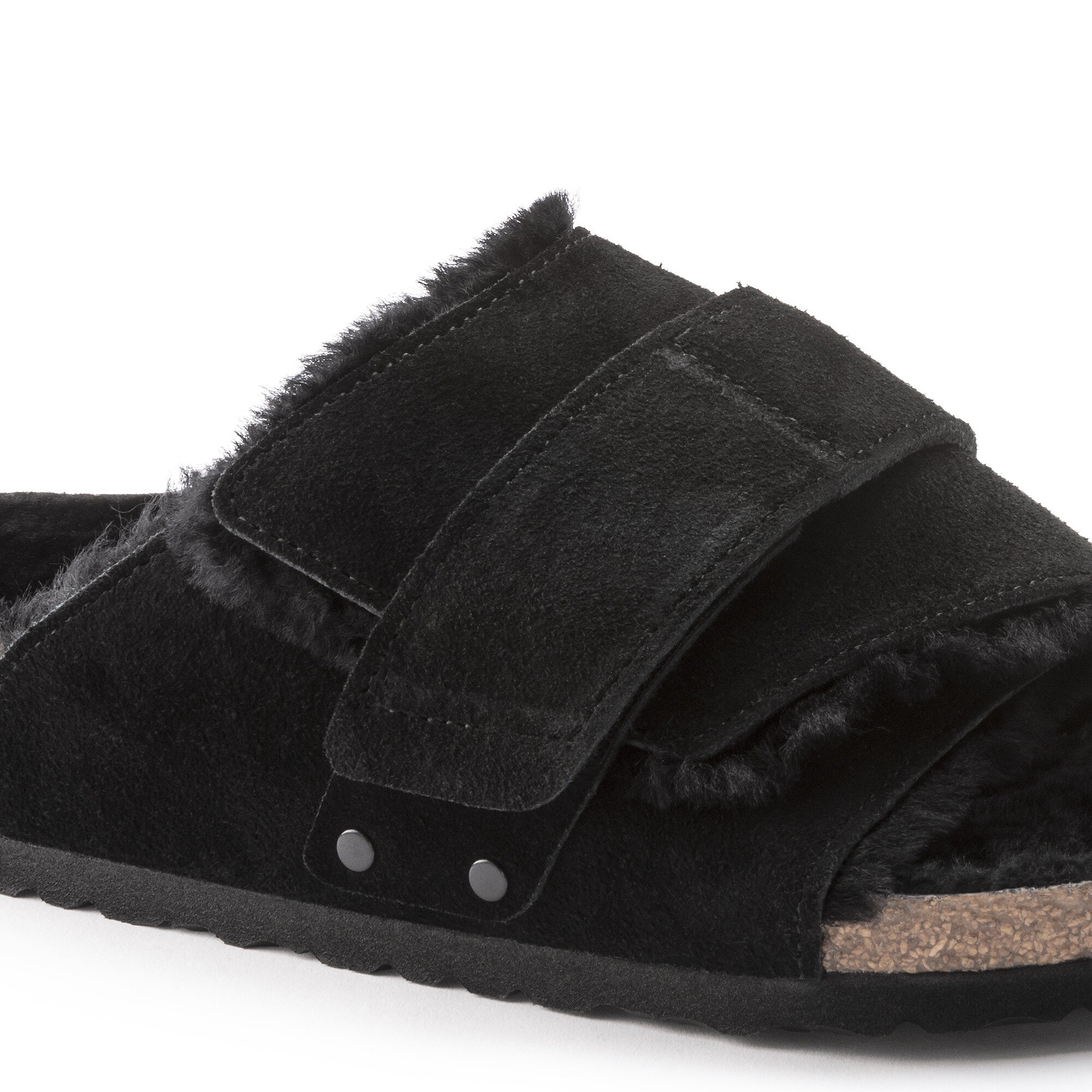 Black birkenstocks shop with fur
