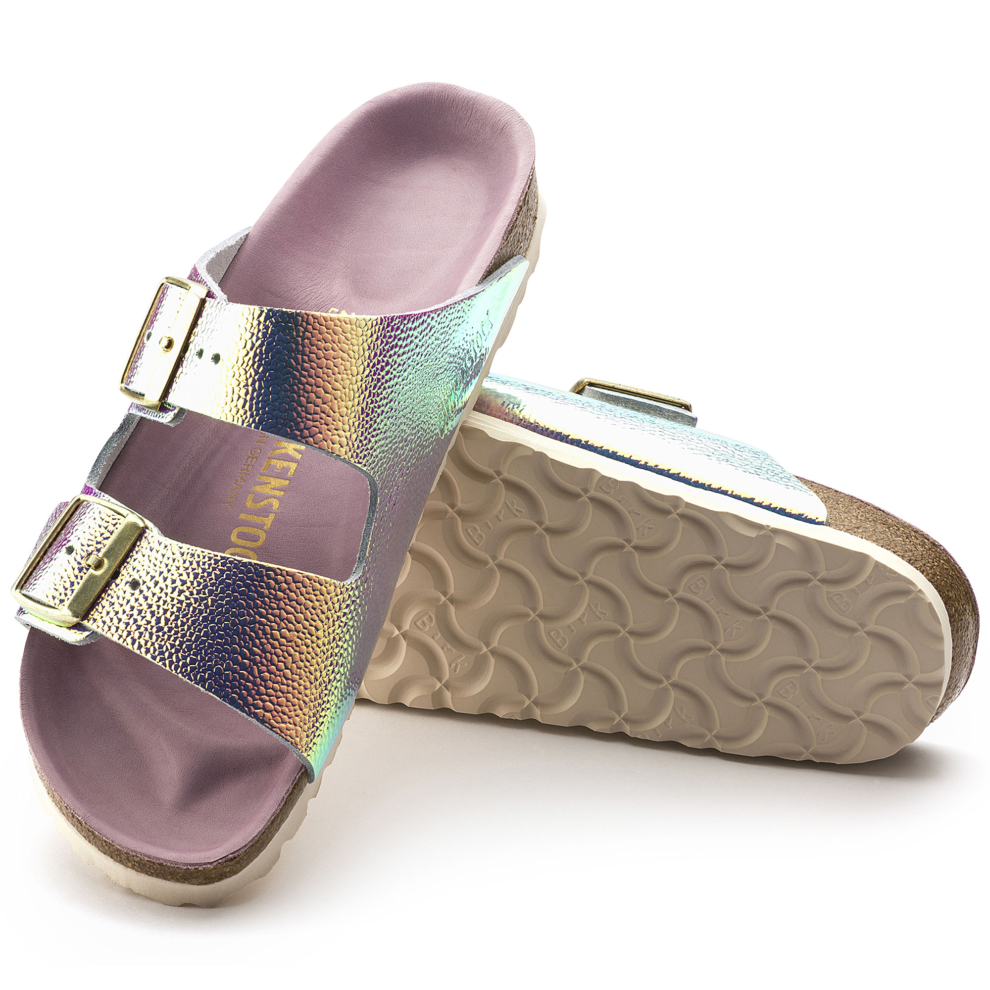 iridescent birkenstock sandals
