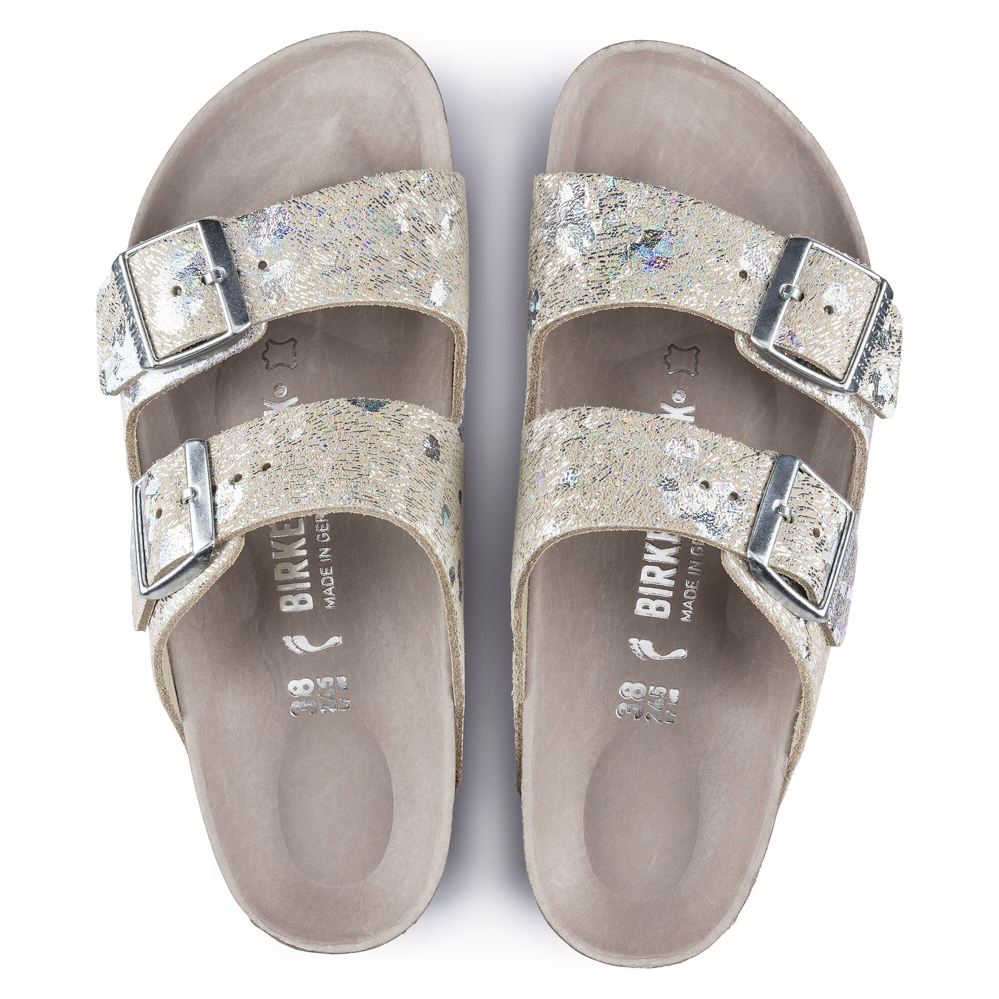 metallic rose birkenstocks