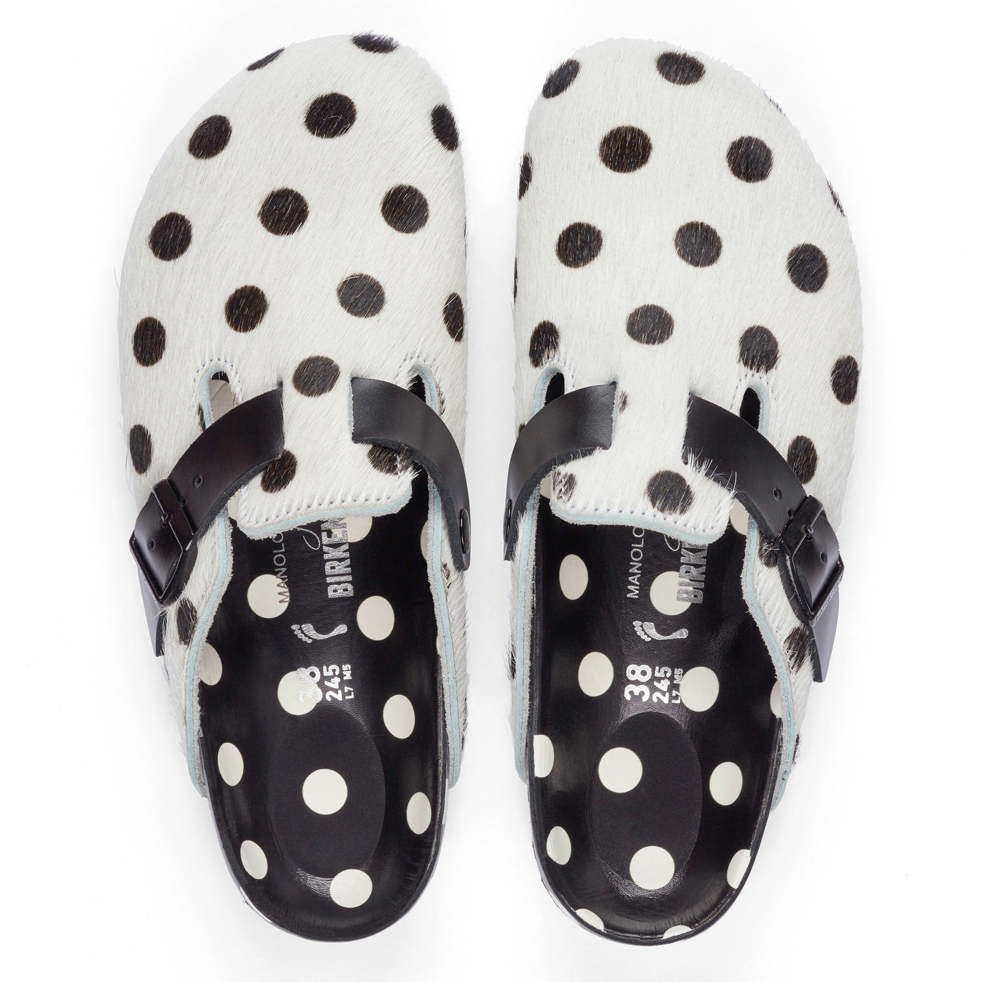 Manolo Blahnik Boston Fur Cowhide Polka Dots White Black